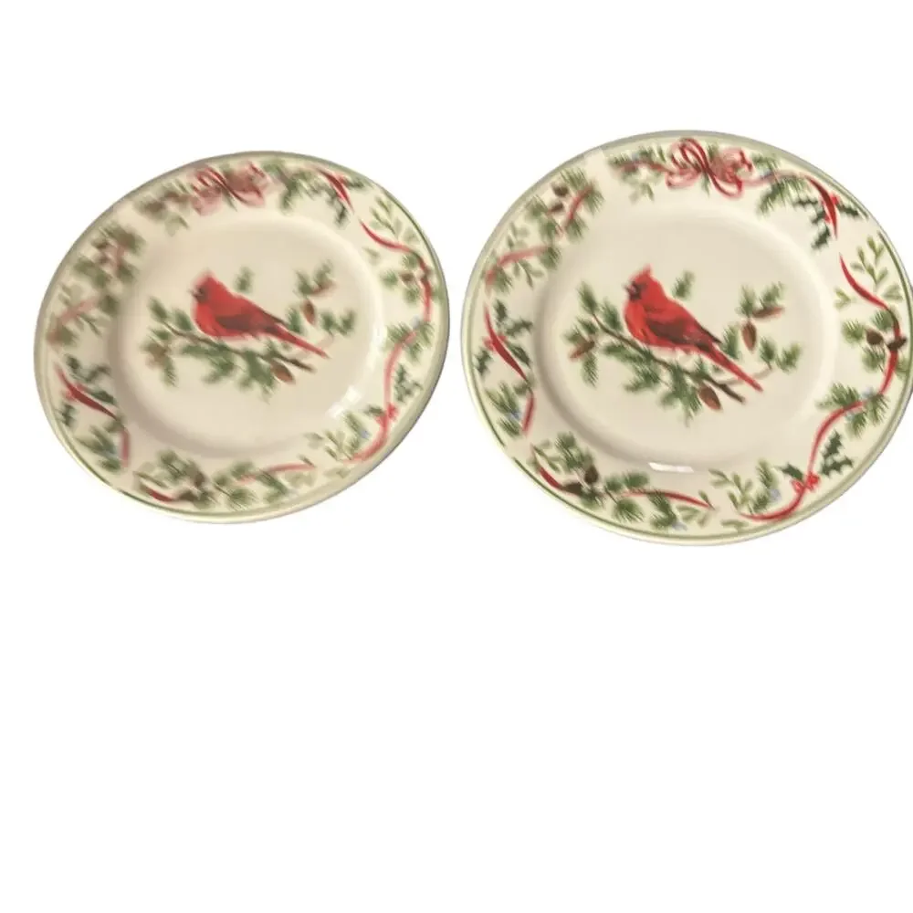 Christmas Woodland Cardinal Plates by AMERICAN ATELIER Holidays Red Bird 7.75”